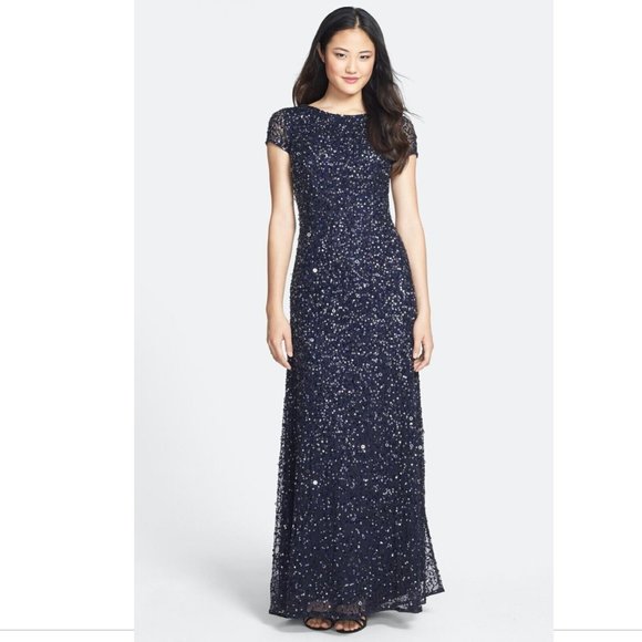 NEW Adrianna Papell Scoop Back Sequin Mesh Gown in Navy /Gunmetal [SZ 2‎ ] - Picture 5 of 5